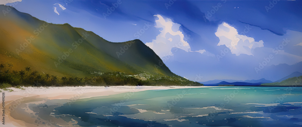 Fototapeta premium Tropical beach panorama with palms and rocks, Seychelles, Generative AI