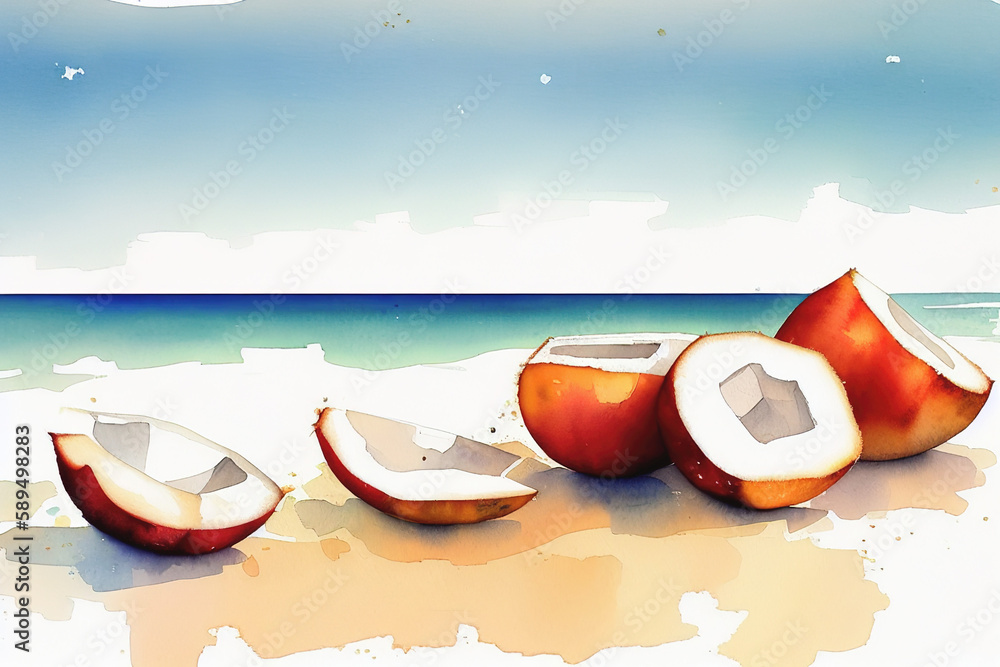 Tropical palm coconut, watercolor illustration. Generative AI.