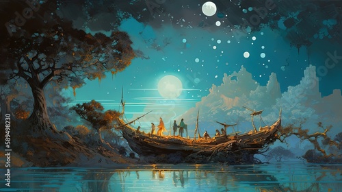 illustration of beautiful night with full moon shine, Generative Ai