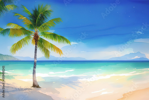 Coconut palm on the shore of a tropical island  ocean  sand  Generative AI.