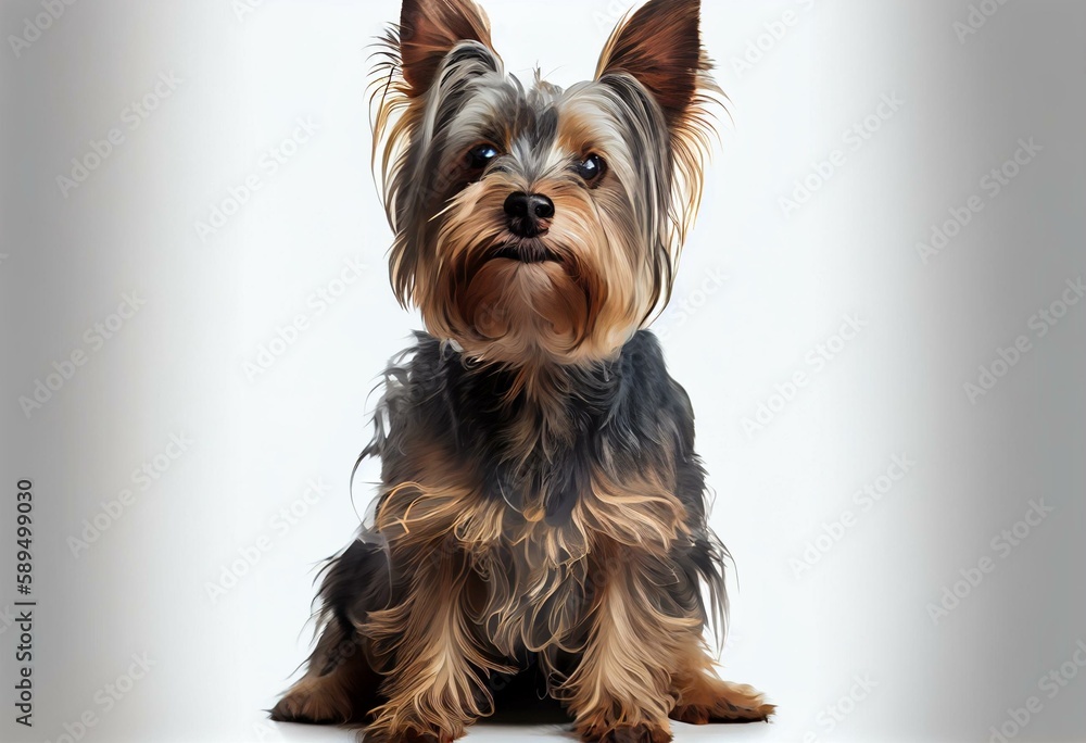 Scruffy adult blue gold Yorkshire terrier dog, sitting up facing front Looking towards camera and smiling. Isolated on a white background. Generative AI