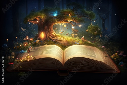 enchanted magic fairytale book with fantasy scene pop up on page, fairy forest with big tree with glitter glow light at night time, Generative Ai