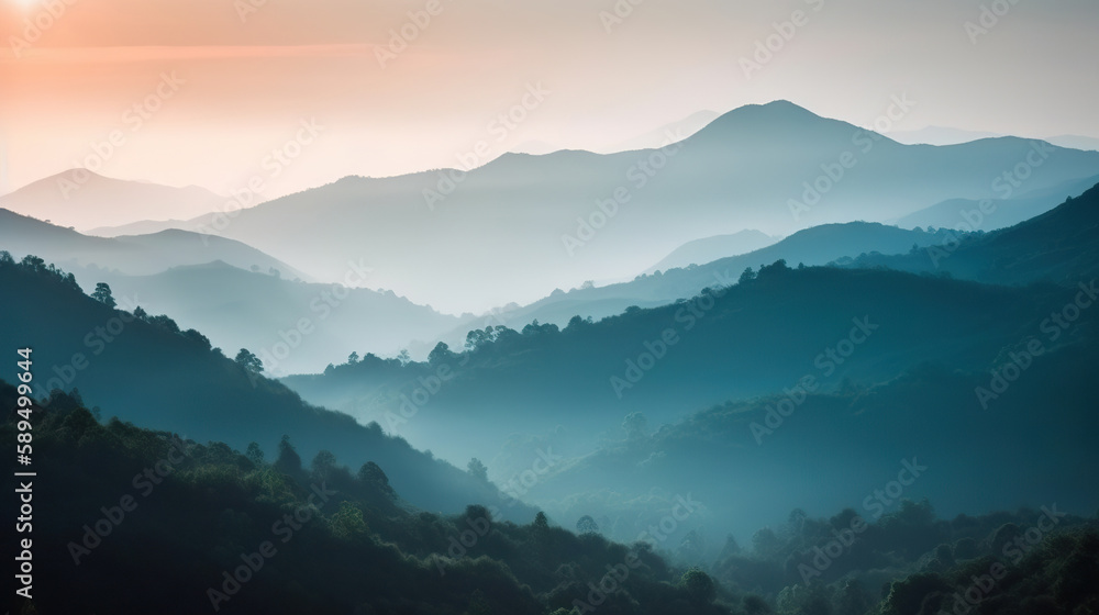 Fototapeta premium Amazing natural scenery of mountains in mist in the morning. Based on Generative AI