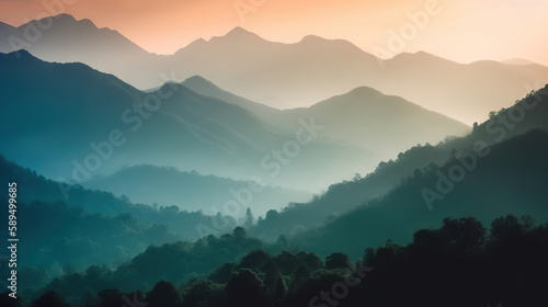 Amazing natural scenery of mountains in mist in the morning. Based on Generative AI