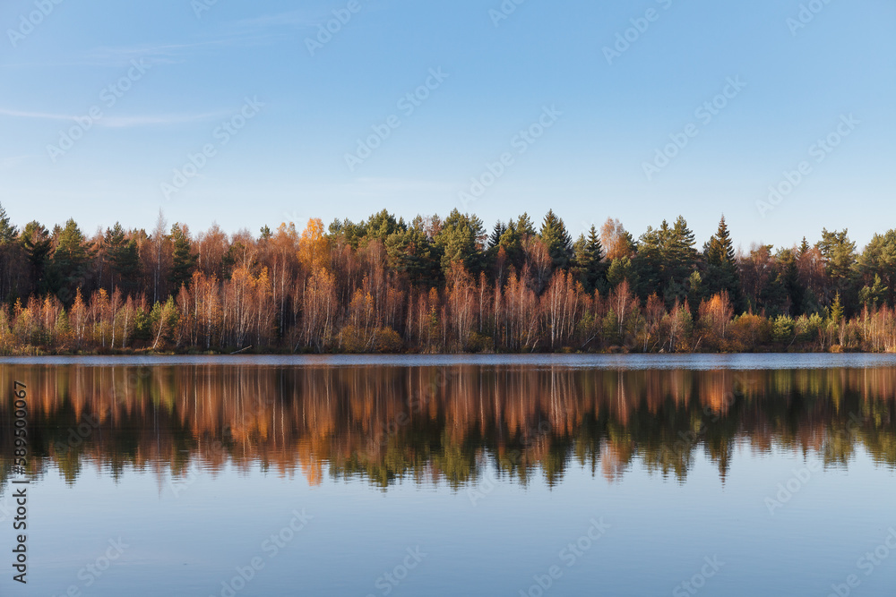 Fall colours of forest reflected in the waters of a lake