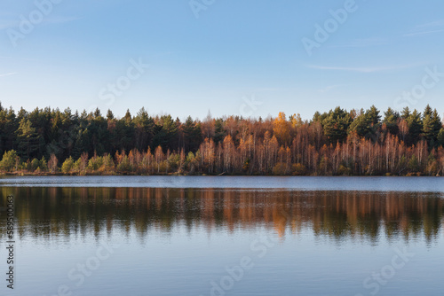 Fall colours of forest reflected in the waters of a lake