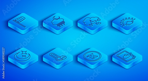 Set line Cone windsock wind vane, Cloud with rain and moon, lightning, Meteorology thermometer, Kelvin, Sunrise, Moon stars and Weather forecast icon. Vector