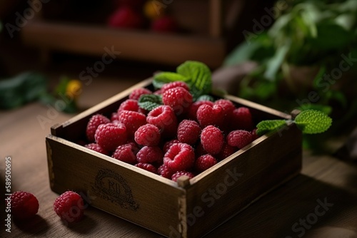 A beautifully composed photograph features a wooden crate overflowing with juicy, red raspberries gathered in late spring. The image, taken on a DSLR, benefits from soft, natural light that enhances t