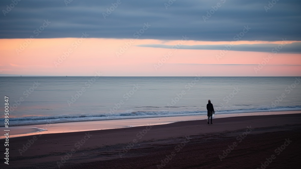silhouette of a person walking along the beach with early morning gradient sky, pink blue sky, Generative Ai