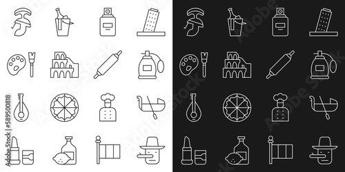 Set line Pinocchio, Gondola, Perfume, Coliseum Rome, Paint brush with palette, Roman army helmet and Rolling pin icon. Vector