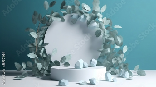 Abstract empty white podium with eucalyptus leaves on blue background. Generative AI.