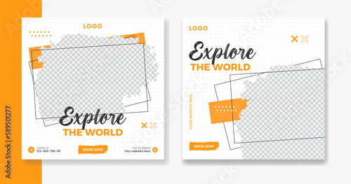 Creative Travel social media post design, holiday vacation square post template, hotel online post vector, happy journey carousel