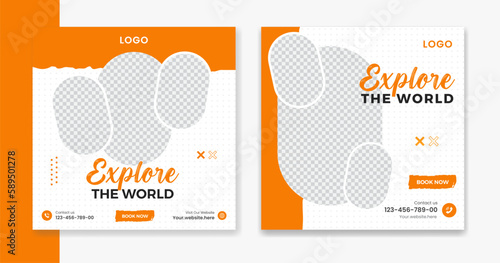 Creative Travel social media post design, holiday vacation square post template, hotel online post vector, happy journey carousel