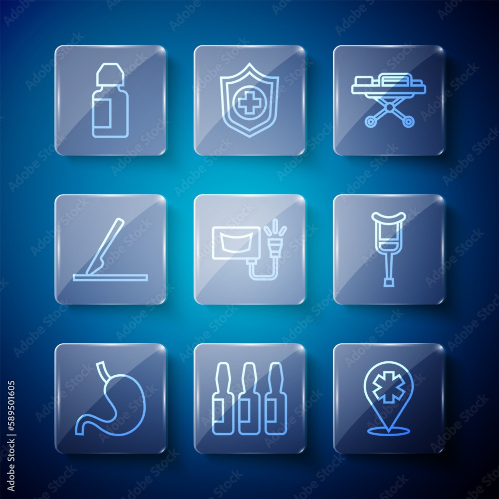 Set line Human stomach, Medical vial, ampoule, Location with cross hospital, Stretcher, Ultrasound, surgery scalpel, Eye drop bottle and Crutch or crutches icon. Vector Set line Human stomach, Medical vial, ampoule, Location with cross hospital, Stretcher, Ultrasound, surgery scalpel, Eye drop bottle and Crutch or crutches icon. Vector