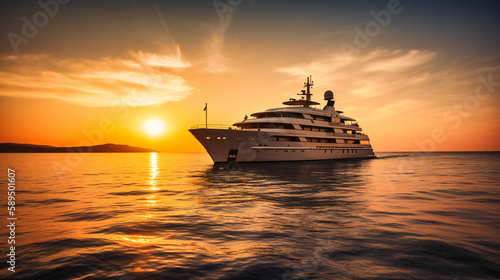 A private yacht cruising on crystal clear waters, with the sun setting in the background © Nilima