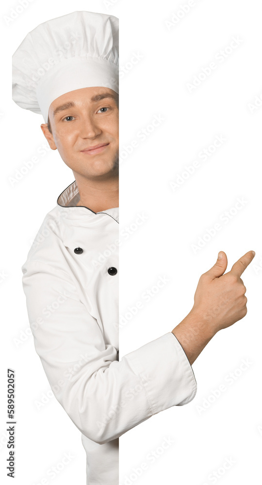 Chef showing sign billboard in uniform isolated on white background Chef showing sign billboard in uniform isolated on white background