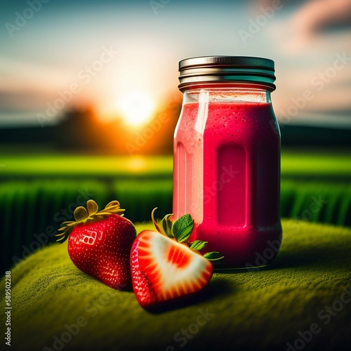 Desfrute de uma deliciosa Vitamina de Morango acompanhada por morangos frescos, enquanto aprecia uma vista deslumbrante de um campo verde em um dia ensolarado.