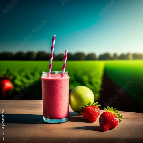 Desfrute de uma deliciosa Vitamina de Morango acompanhada por morangos frescos, enquanto aprecia uma vista deslumbrante de um campo verde em um dia ensolarado.