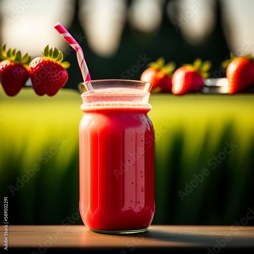 Desfrute de uma deliciosa Vitamina de Morango acompanhada por morangos frescos, enquanto aprecia uma vista deslumbrante de um campo verde em um dia ensolarado.