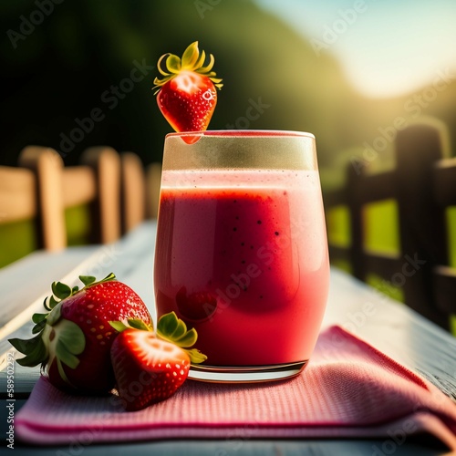 Desfrute de uma deliciosa Vitamina de Morango acompanhada por morangos frescos, enquanto aprecia uma vista deslumbrante de um campo verde em um dia ensolarado.