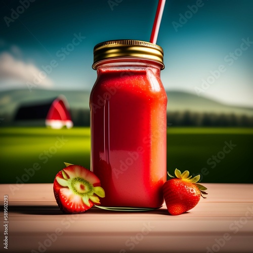 Desfrute de uma deliciosa Vitamina de Morango acompanhada por morangos frescos, enquanto aprecia uma vista deslumbrante de um campo verde em um dia ensolarado.