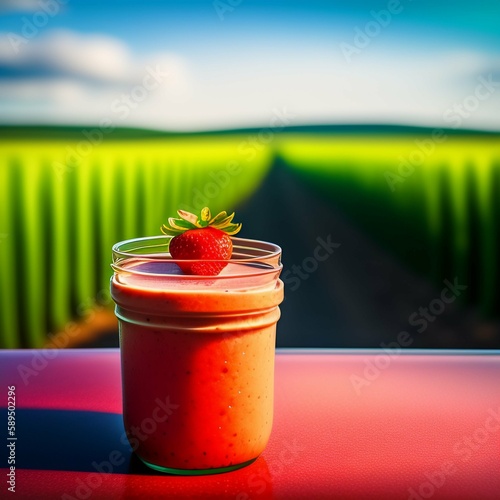 Desfrute de uma deliciosa Vitamina de Morango acompanhada por morangos frescos, enquanto aprecia uma vista deslumbrante de um campo verde em um dia ensolarado. 