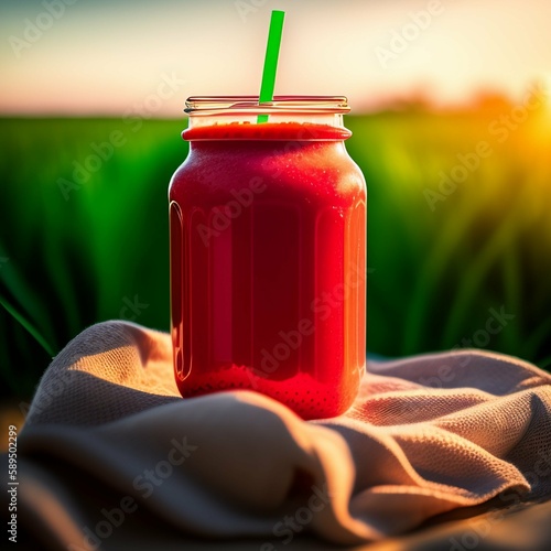 Desfrute de uma deliciosa Vitamina de Morango acompanhada por morangos frescos, enquanto aprecia uma vista deslumbrante de um campo verde em um dia ensolarado. 