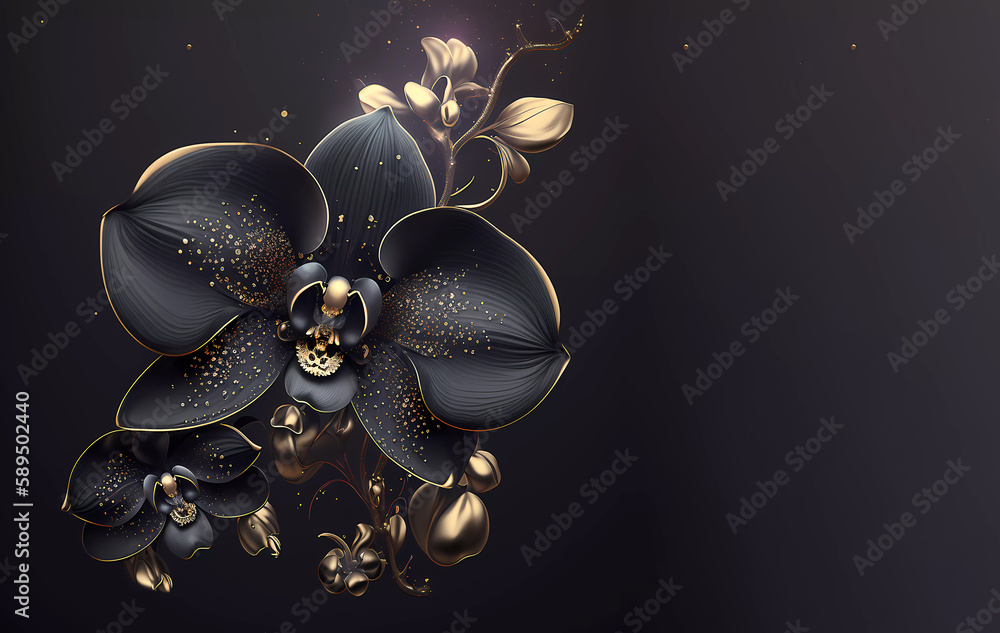 Fototapeta premium Black orchid flower. Luxur orchid on a dark background. Generative AI