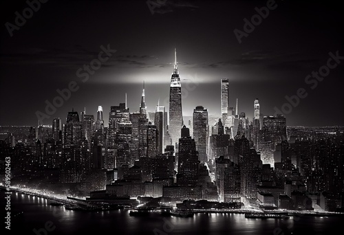 Black and white New York City at night panoramic picture  USA. Generative AI