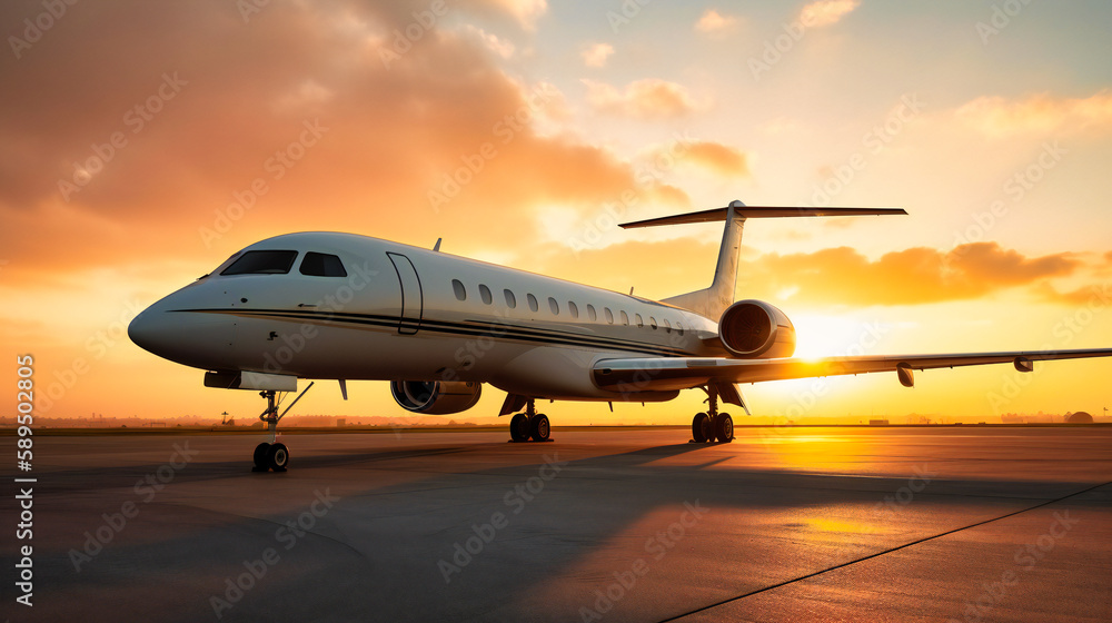 A private jet parked on a runway with the sun setting in the background