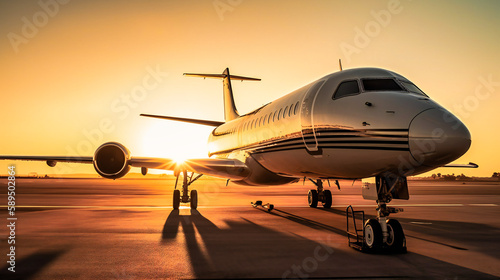 A private jet parked on a runway with the sun setting in the background © Nilima