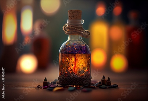 a magical potion in a small bottle sitting on a wooden table, closeup with bokeh in the background. Generative AI