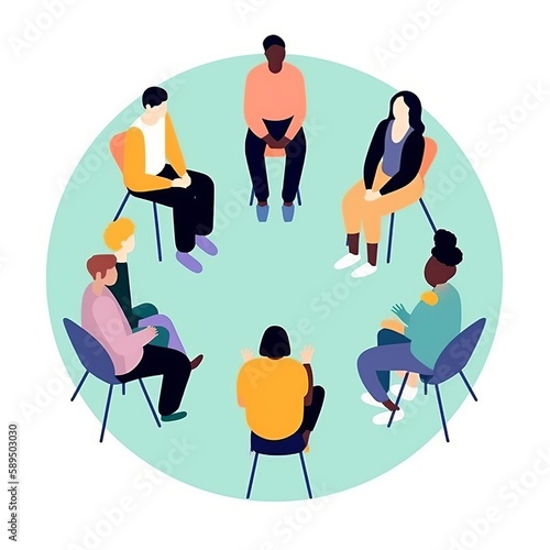 A simple flat illustration of a support group meeting, with diverse individuals sharing their mental health experiences in a circle, comforting color scheme. generative ai