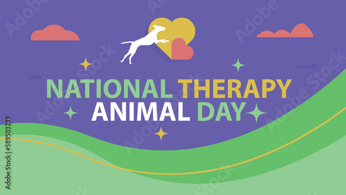 Horizontal banner vector design celebrating National Therapy Animal Day on April 30. National Therapy Animal Day poster background with heart shapes, dog silhouette, clouds and typography.