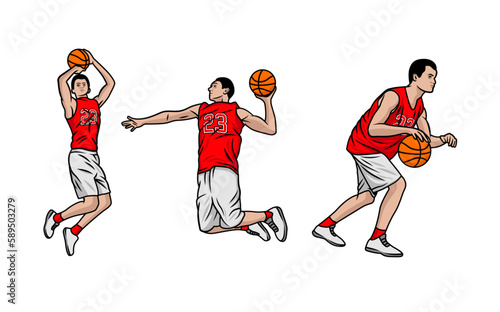 Basketball players illustration vector. Group of basketball players in different playing positions. basketball players team in uniform with ball isolated on white background © modern