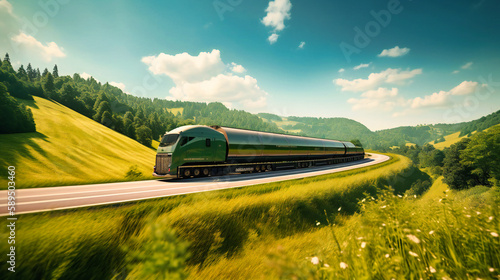 An electric transport drives through a scenic countryside landscape filled with greenery and rolling hills