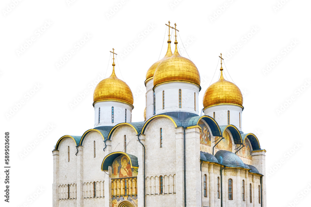 The Assumption Cathedral in Moscow is located on the territory of the Kremlin, built in the 15th century - Kremlin, Moscow, Russia in June 2019, isolated on a white background