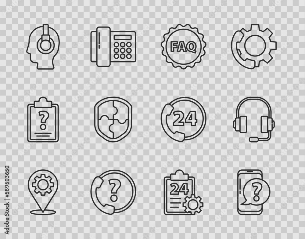 Set line Location with gear, Mobile phone question, Label text FAQ, Telephone 24 hours support, Support operator in touch, Shield, Checklist service and Headphones icon. Vector Set line Location with gear, Mobile phone question, Label text FAQ, Telephone 24 hours support, Support operator in touch, Shield, Checklist service and Headphones icon. Vector
