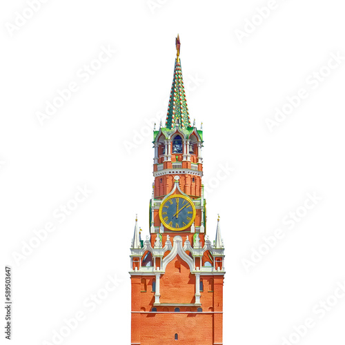 Spasskaya tower (Frolovskaya, Florovskaya, Frololavrskaya, Jerusalem gate) is a travel tower of the Moscow Kremlin, isolated on a white background photo