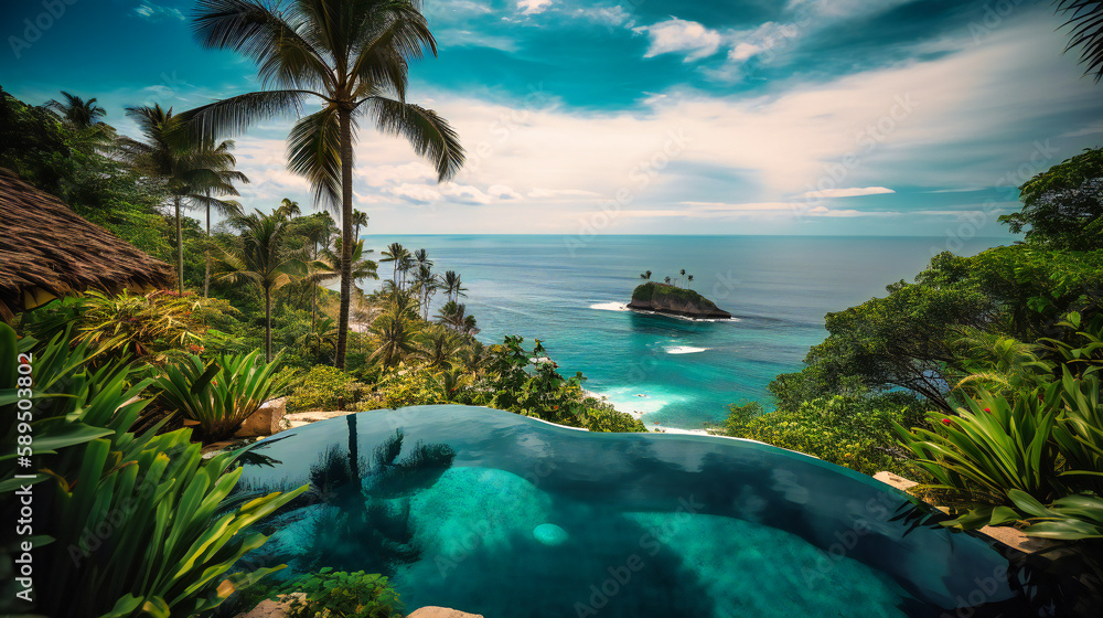 A breathtaking image of an upscale summer resort, showcasing its striking infinity pool and picturesque surroundings