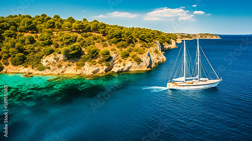 An impressive image of a luxurious summer yacht, emphasizing its sleek design and the stunning coastal backdrop