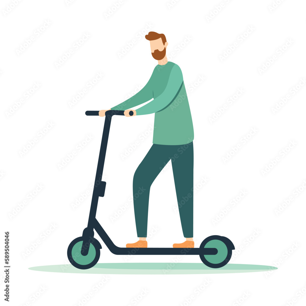 Vector illustration young man with beard riding on an electric scooter. Modern technology sustainable living environment ecology concept Vector illustration young man with beard riding on an electric scooter. Modern technology sustainable living environment ecology concept