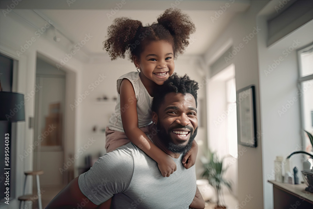 Happy black African American father and daughter playing at home living room. Afro man carry piggyback little toddler girl. Cheerful family bonding together . Father’s day concept. Generated Ai - obrazy, fototapety, plakaty 