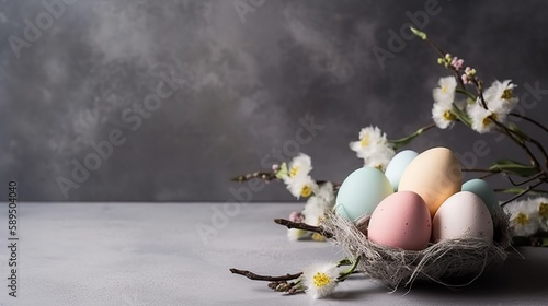 Easter, spring seasonal holiday - eggs rustic composition on concrete background