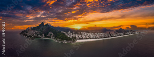 Aerial of Leblon beach, with Two Brothers Peak, Rio de Janeiro, Brazil