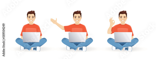 Young man student using laptop computer sitting with crossed legs set and different gestures. Isolated vector illustration
