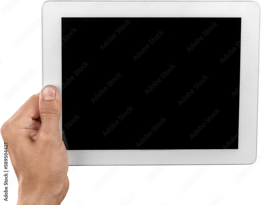 Male hand holding a tablet PC with space for you text isolated Male hand holding a tablet PC with space for you text isolated
