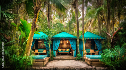 A mesmerizing image of a secluded summer retreat with private cabanas surrounded by lush greenery and palm trees © Nilima