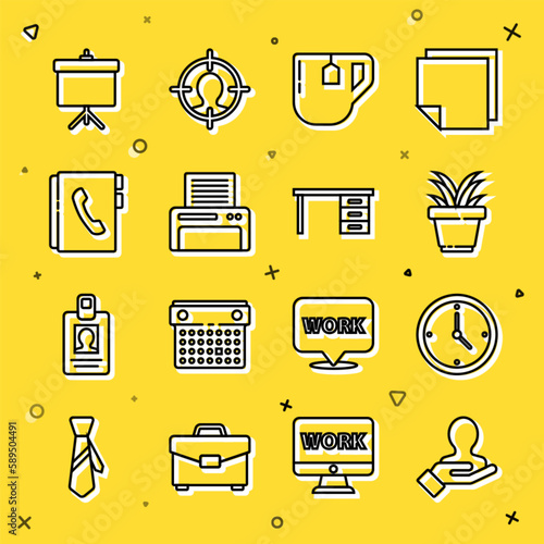 Set line Hand for search a people, Clock, Plant in pot, Cup of tea with tea bag, Printer, Address book, Chalkboard diagram and Office desk icon. Vector