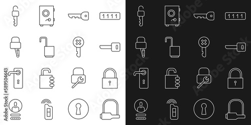 Set line Bicycle lock, Lock, Key, Open padlock, picks for picking, Unlocked key and Wrong icon. Vector